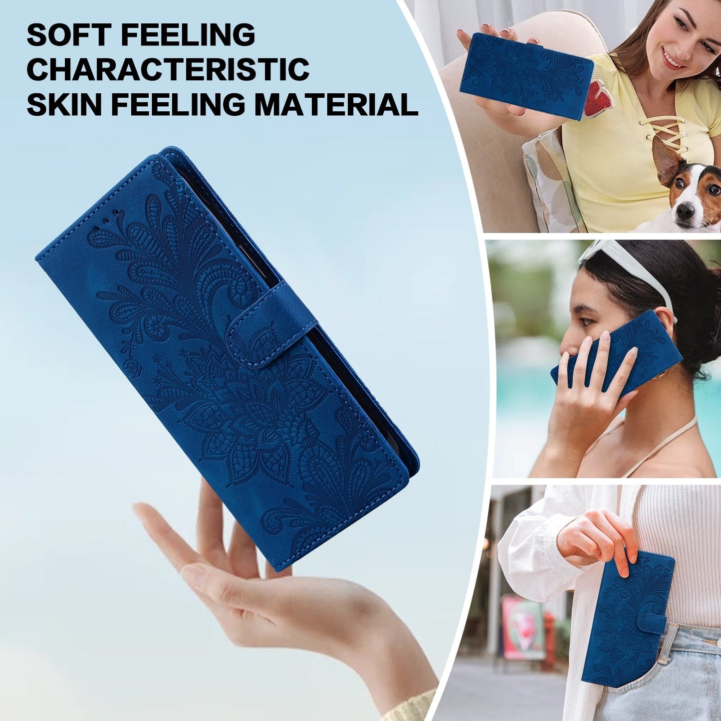 For Redmi 14C Lace Floral Embossed Magnetic Buckle PU Phone Case With Wrist Strap(Blue)