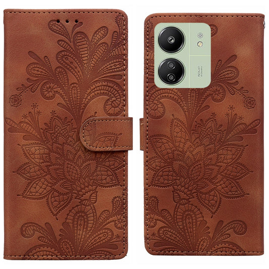 For Redmi 14C Lace Floral Embossed Magnetic Buckle PU Phone Case With Wrist Strap(Brown)