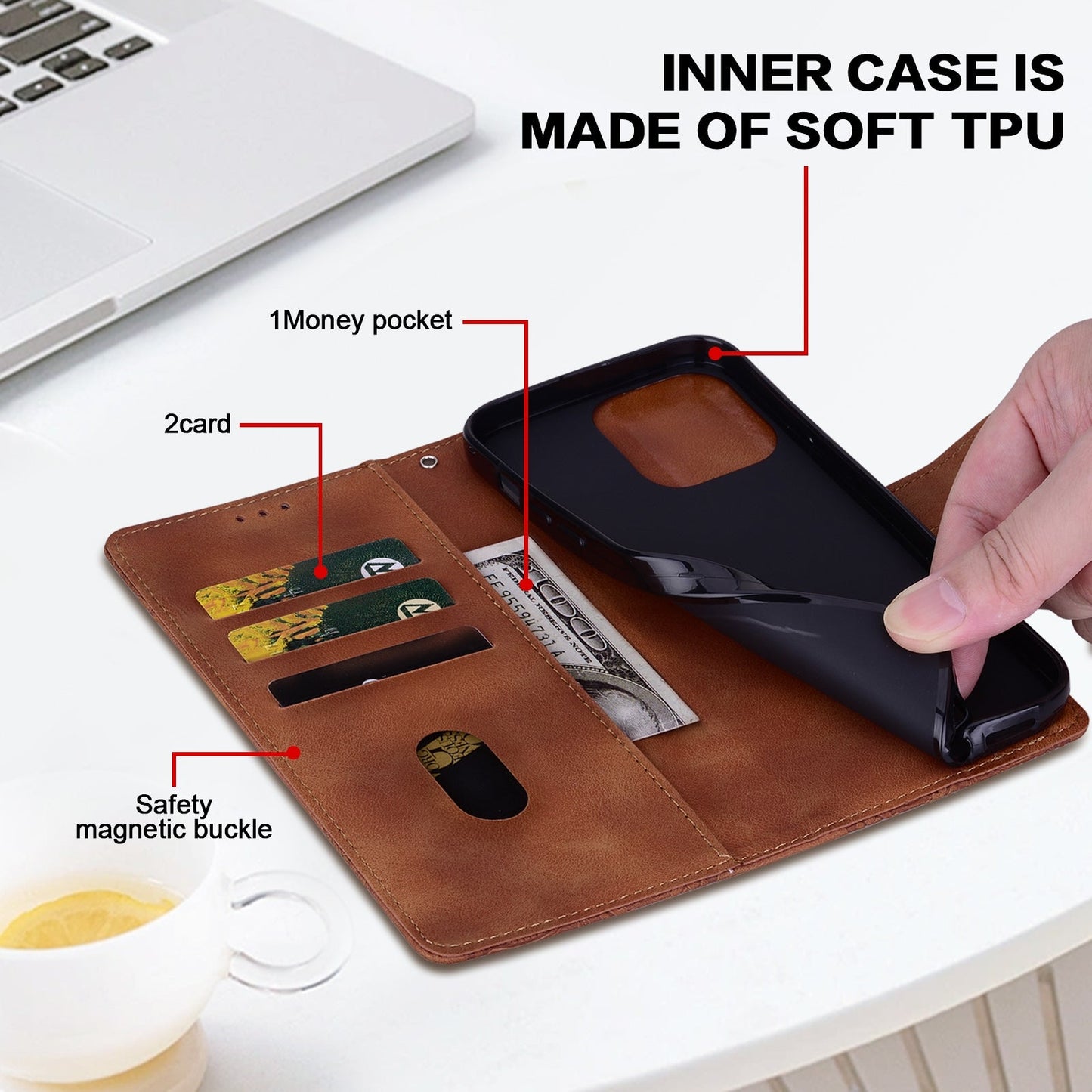 For Redmi 14C Lace Floral Embossed Magnetic Buckle PU Phone Case With Wrist Strap(Brown)