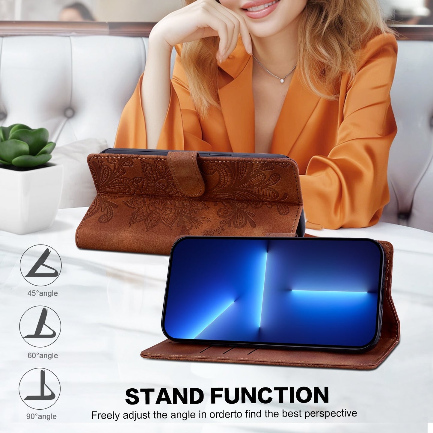 For Redmi 14C Lace Floral Embossed Magnetic Buckle PU Phone Case With Wrist Strap(Brown)