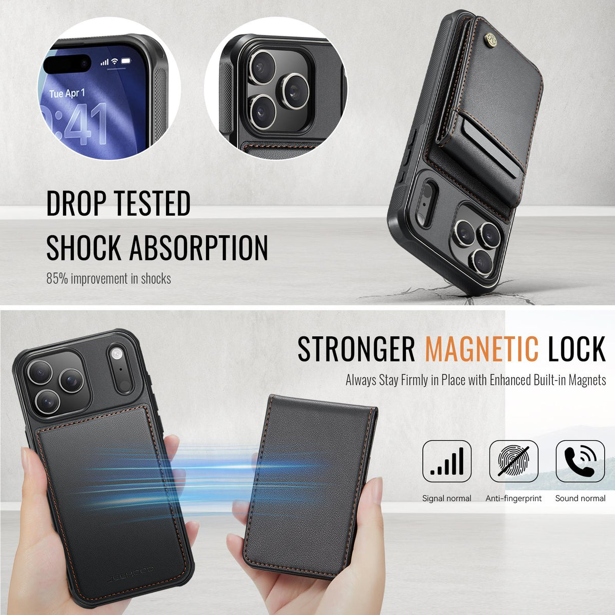 Compatible with iPhone 18 Pro JEEHOOD J06 British Style RFID MagSafe Card Bag PU Phone Case - Black