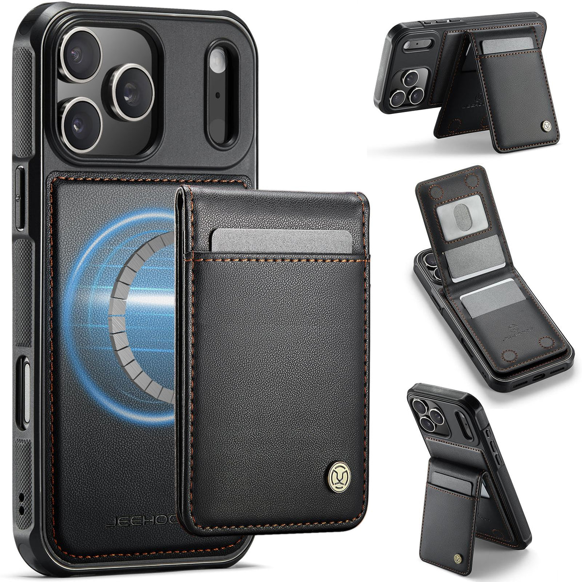 Compatible with iPhone 18 Pro Max JEEHOOD J06 British Style RFID MagSafe Card Bag PU Phone Case - Black