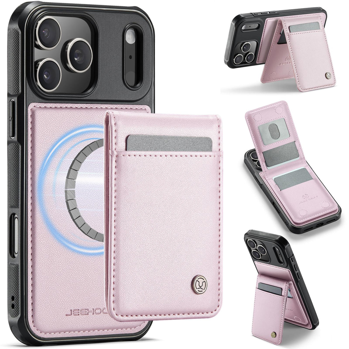 Compatible with iPhone 18 Pro Max JEEHOOD J06 British Style RFID MagSafe Card Bag PU Phone Case - Pink