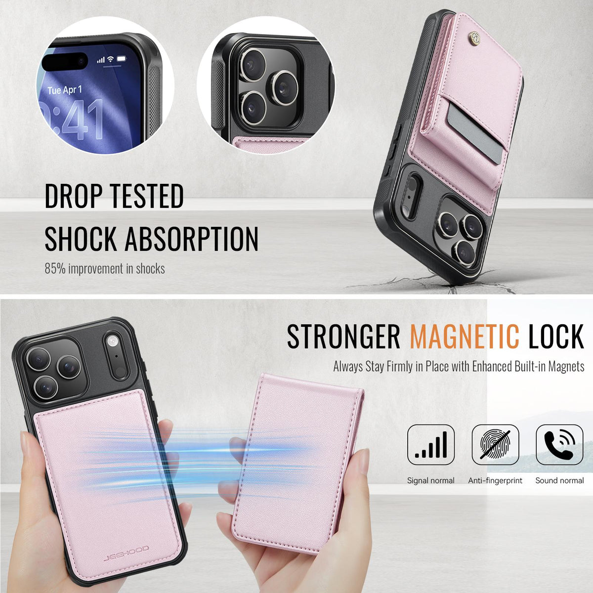 Compatible with iPhone 18 Pro Max JEEHOOD J06 British Style RFID MagSafe Card Bag PU Phone Case - Pink