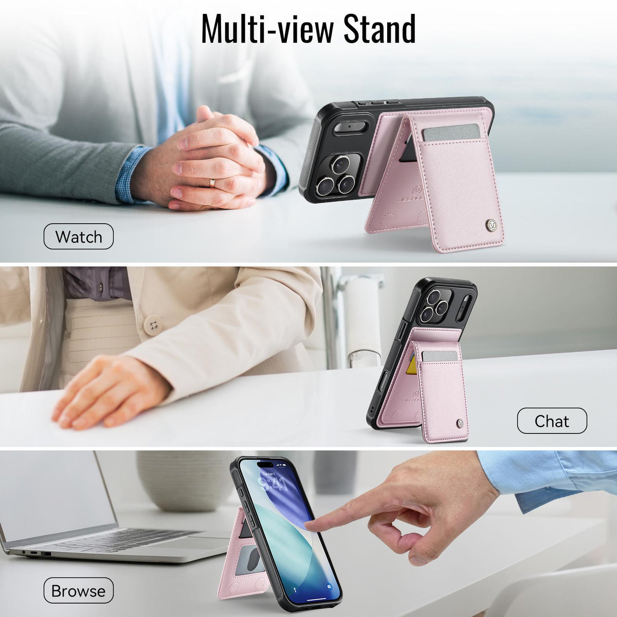 Compatible with iPhone 18 Pro Max JEEHOOD J06 British Style RFID MagSafe Card Bag PU Phone Case - Pink