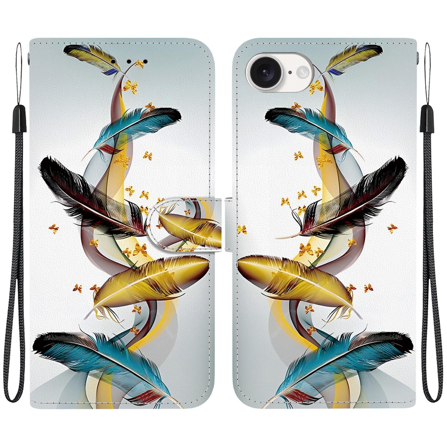 For iPhone 16e Crystal Texture Colored Drawing Leather Phone Case(Gold Butterfly Feathers)