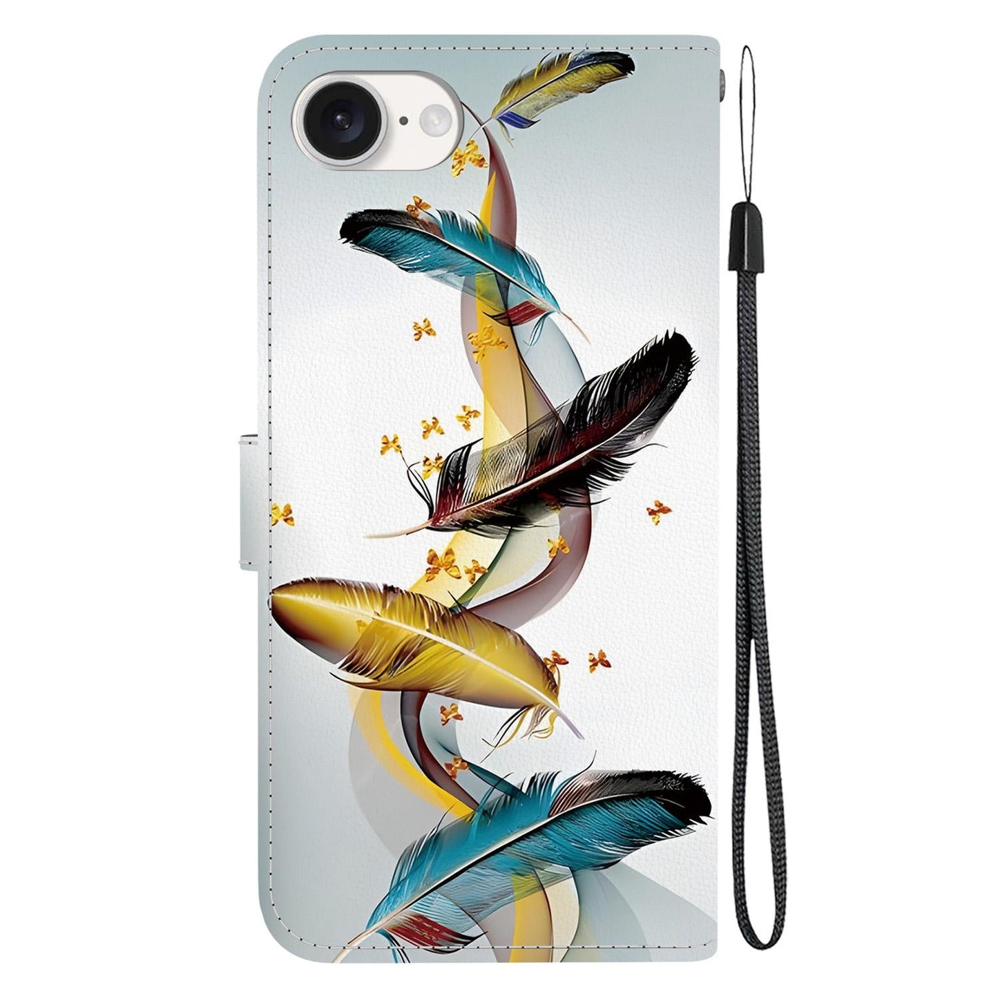 For iPhone 16e Crystal Texture Colored Drawing Leather Phone Case(Gold Butterfly Feathers)