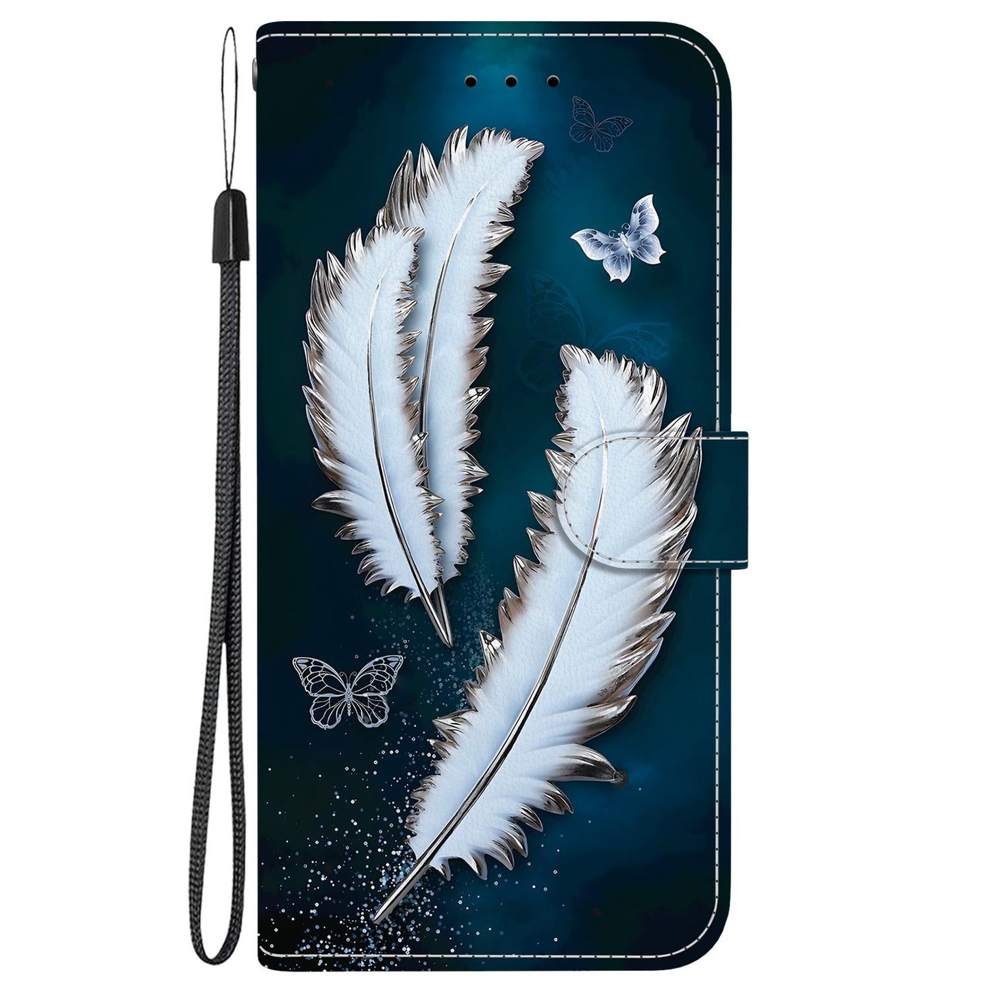 For iPhone 16e Crystal Texture Colored Drawing Leather Phone Case(White Butterfly Feathers)
