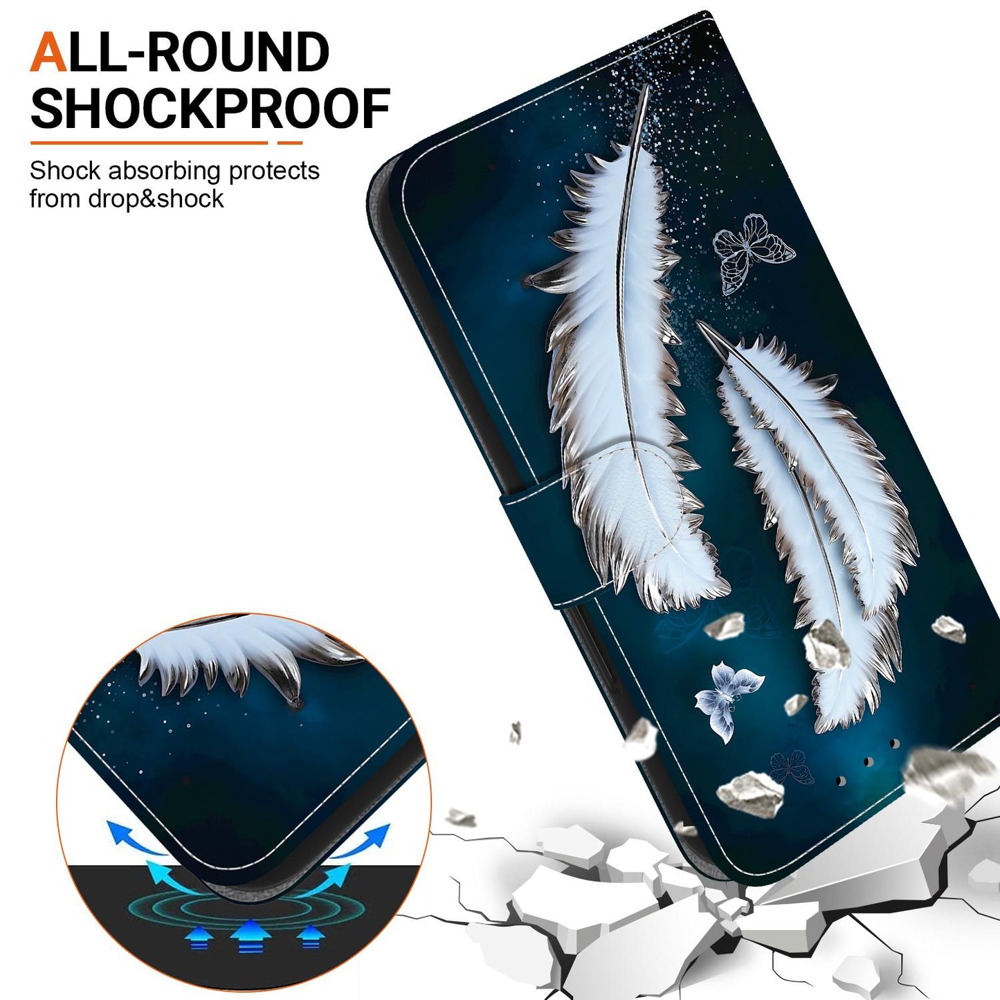 For iPhone 16e Crystal Texture Colored Drawing Leather Phone Case(White Butterfly Feathers)