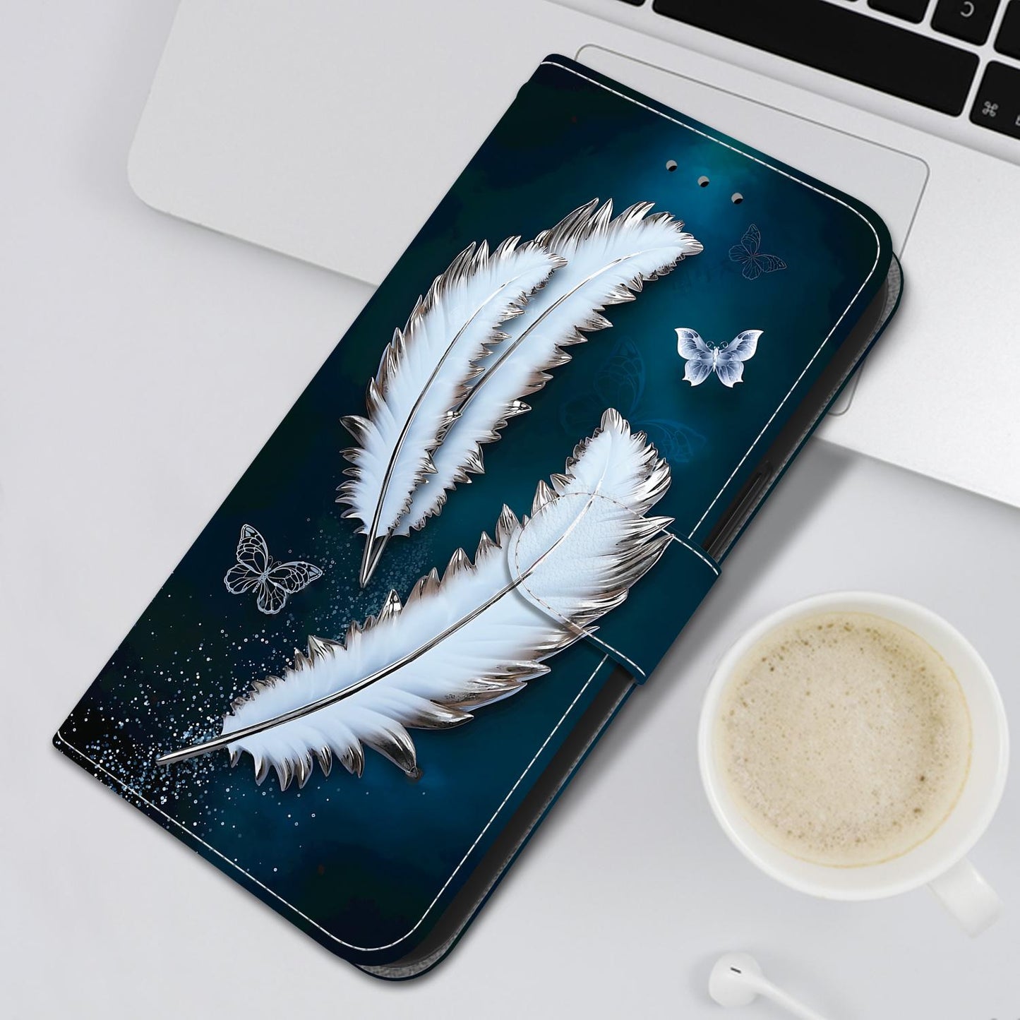 For iPhone 16e Crystal Texture Colored Drawing Leather Phone Case(White Butterfly Feathers)