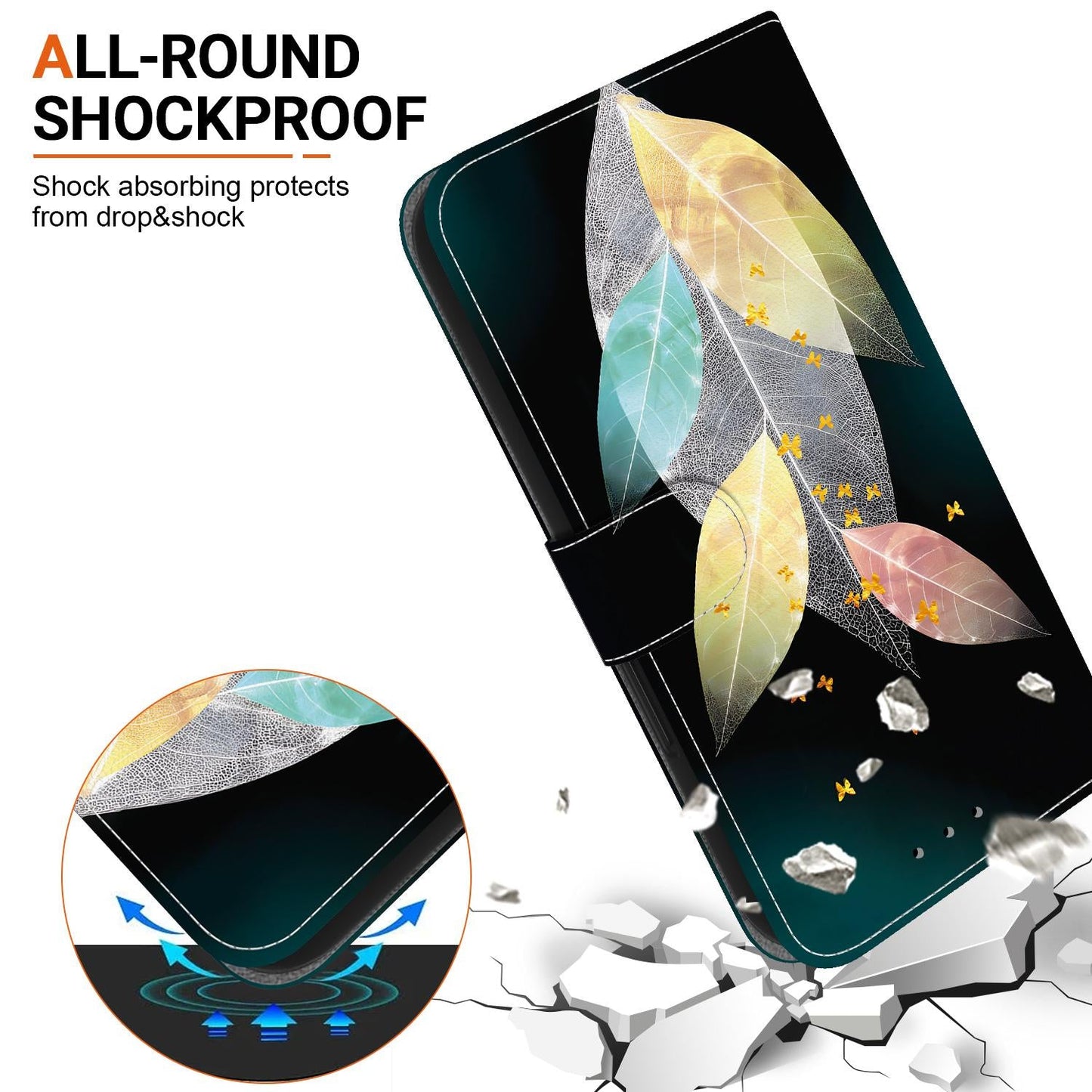 For iPhone 16e Crystal Texture Colored Drawing Leather Phone Case(Colored Leaves)