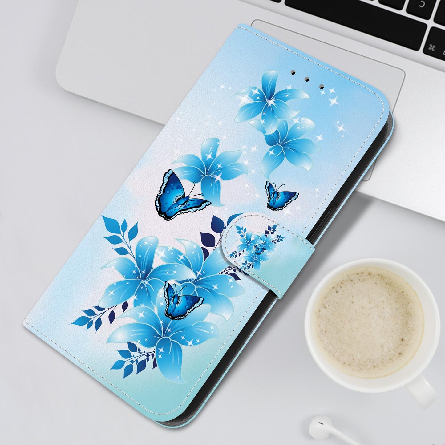 For iPhone 16e Crystal Texture Colored Drawing Leather Phone Case(Blue Butterflies)
