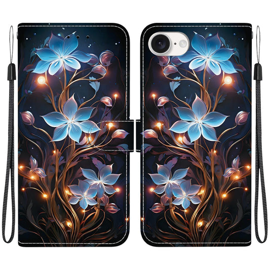 For iPhone 16e Crystal Texture Colored Drawing Leather Phone Case(Little Lantern Flower)