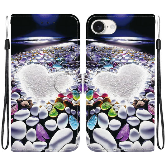 For iPhone 16e Crystal Texture Colored Drawing Leather Phone Case(Heart Shaped)
