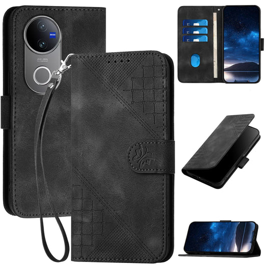 For vivo V50 Grid Butterfly Embossed Pattern Leather Phone Case with Lanyard(Black)