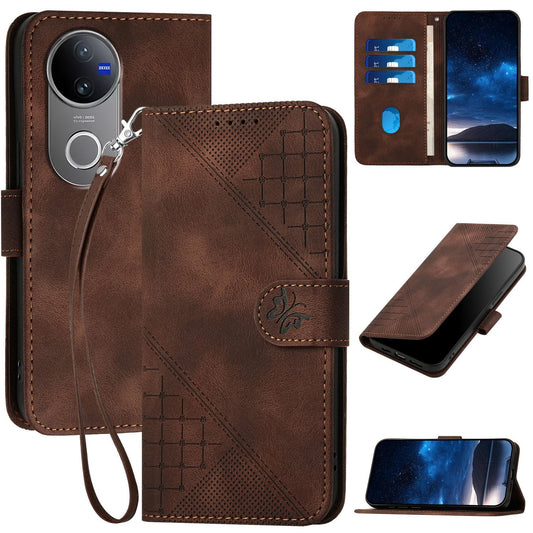 For vivo V50 Grid Butterfly Embossed Pattern Leather Phone Case with Lanyard(Coffee)