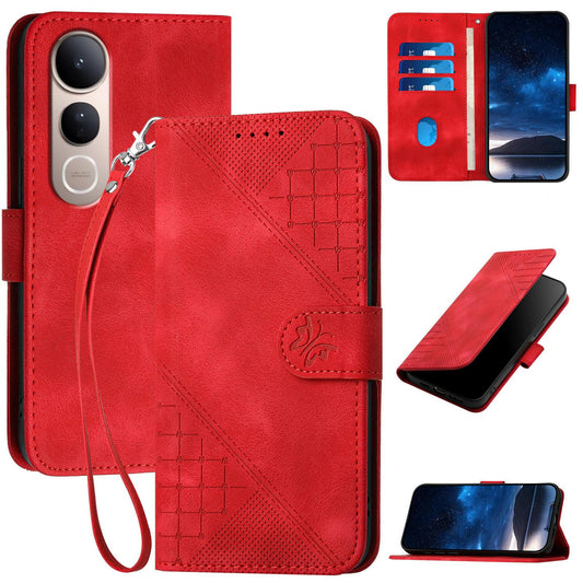 For vivo V50 Lite 4G / 5G Grid Butterfly Embossed Pattern Leather Phone Case with Lanyard(Red)