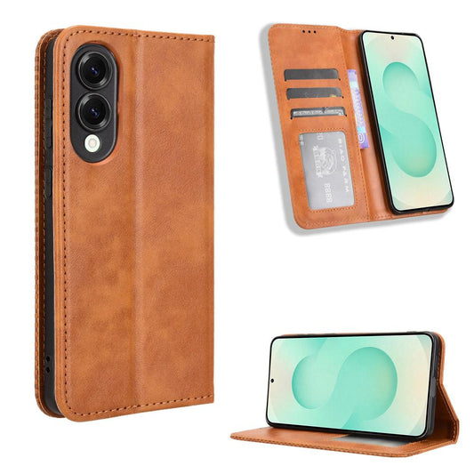 For Samsung Galaxy S25 Edge 5G Magnetic Buckle Retro Texture Leather Phone Case(Brown)