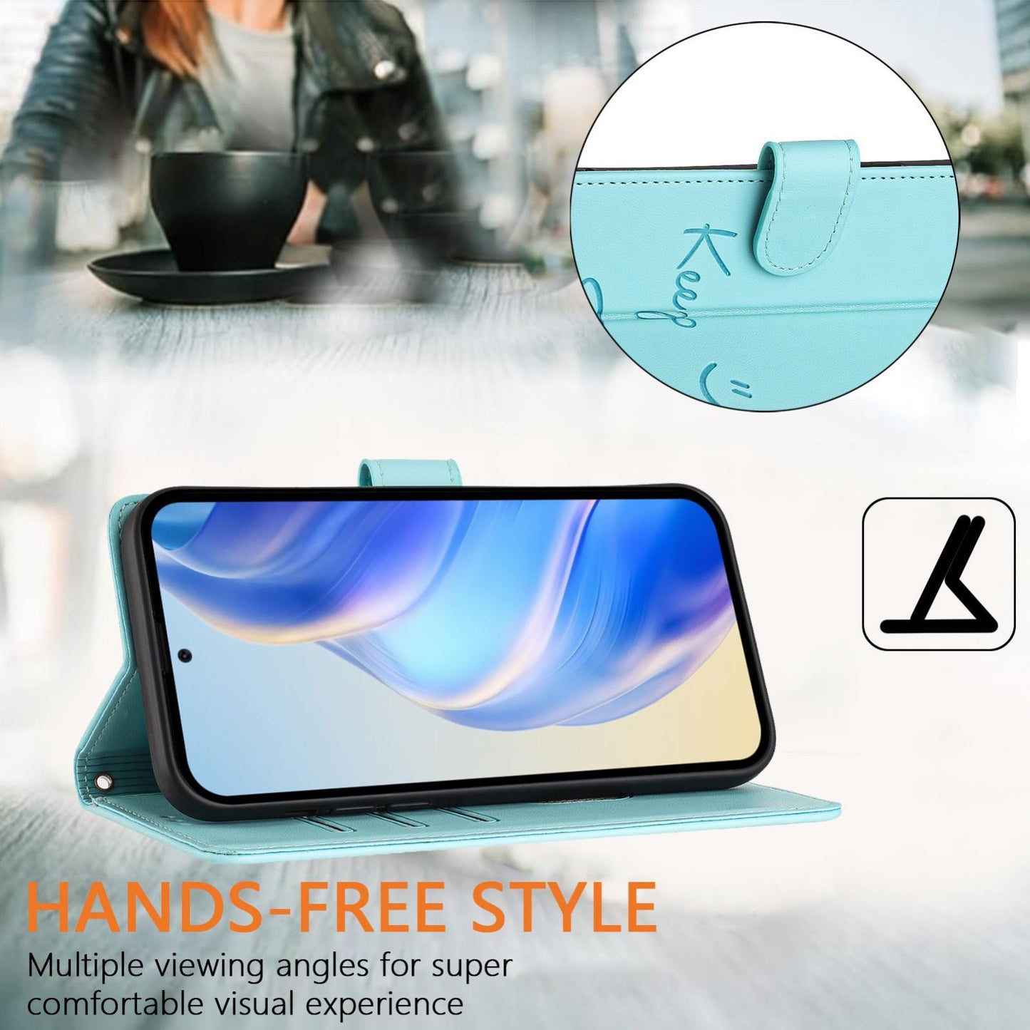 For vivo V50 5G Global Smile Embossing RFID Leather Phone Case(Mint Green)