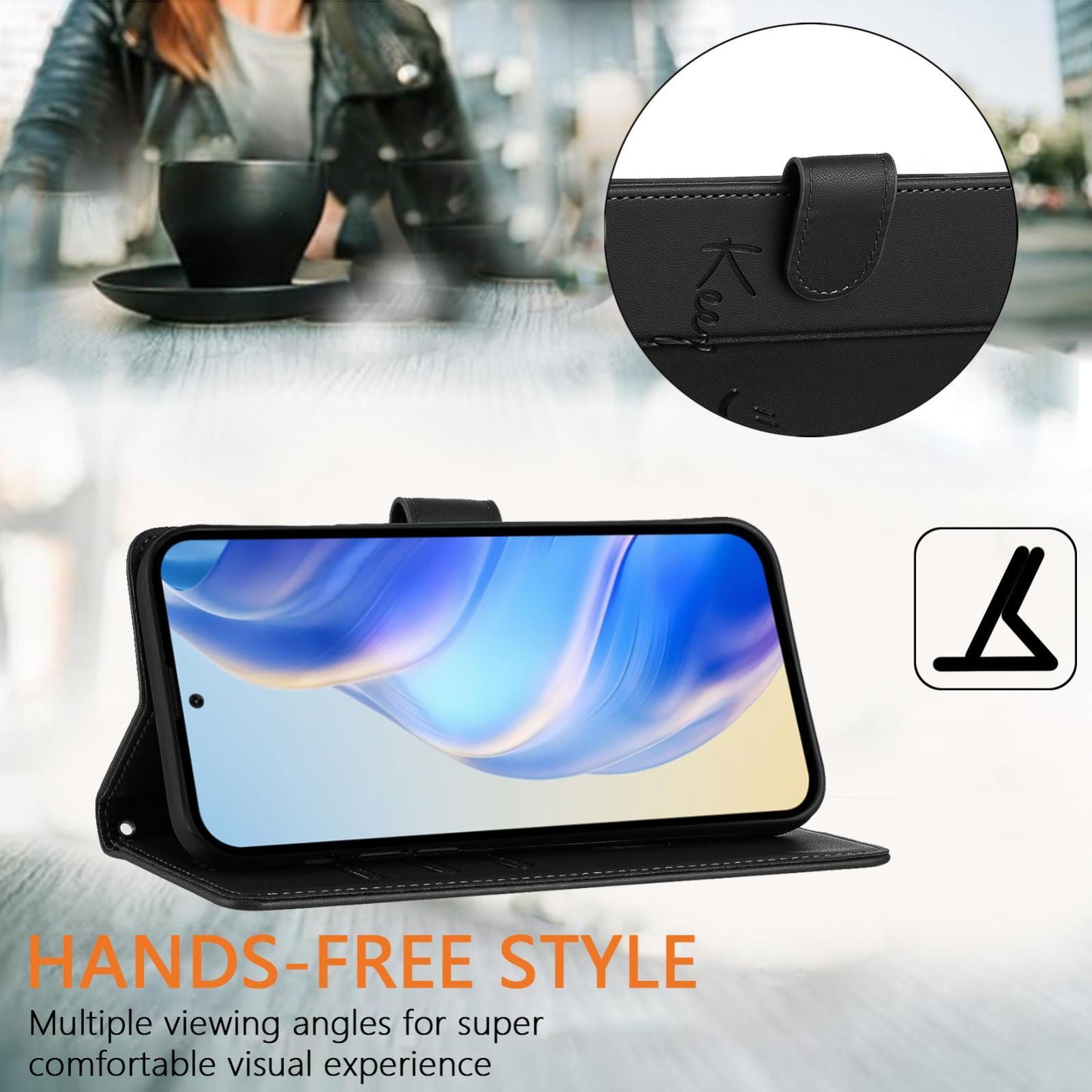 For vivo V50 5G Global Smile Embossing RFID Leather Phone Case(Black)
