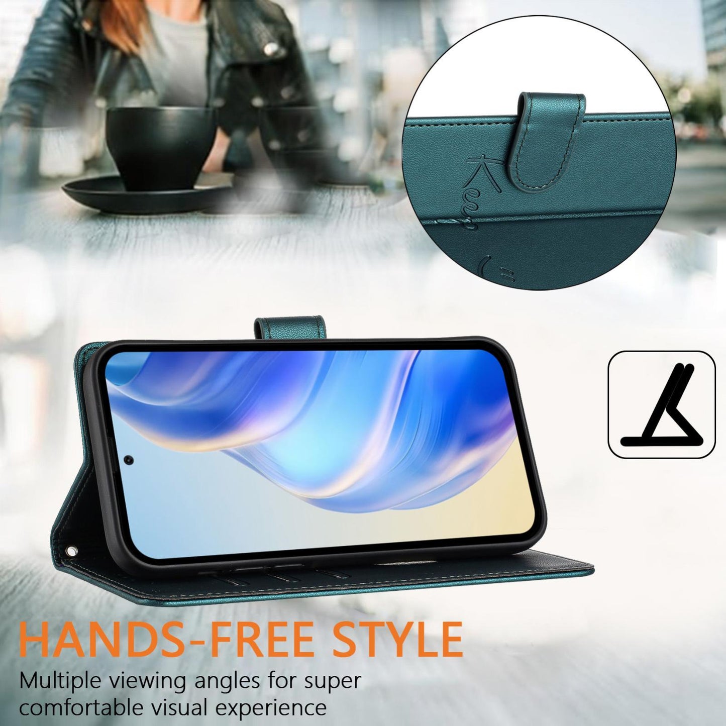 For vivo V50 5G Global Smile Embossing RFID Leather Phone Case(Peacock Green)