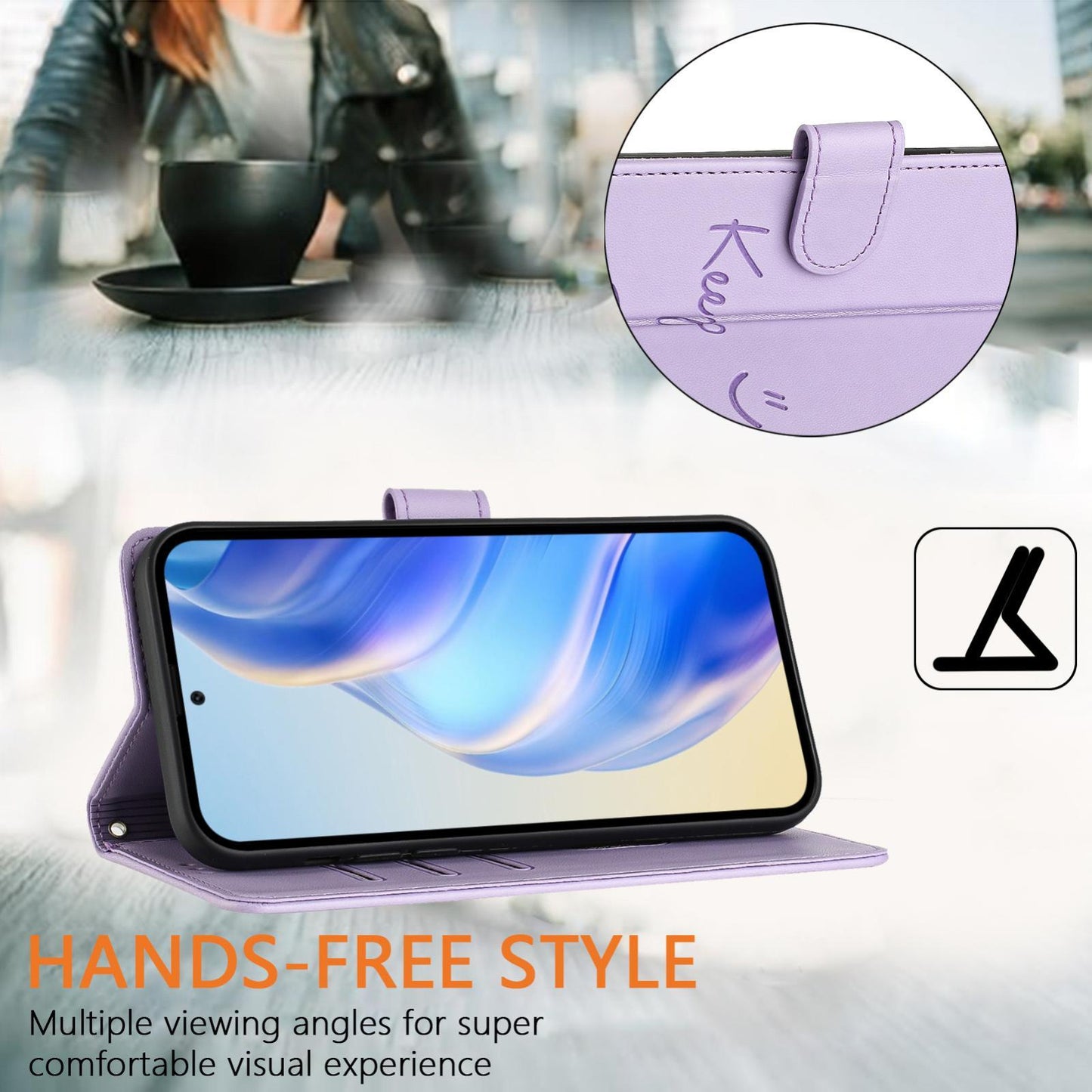 For vivo V50 Lite 5G Smile Embossing RFID Leather Phone Case(Light Purple)