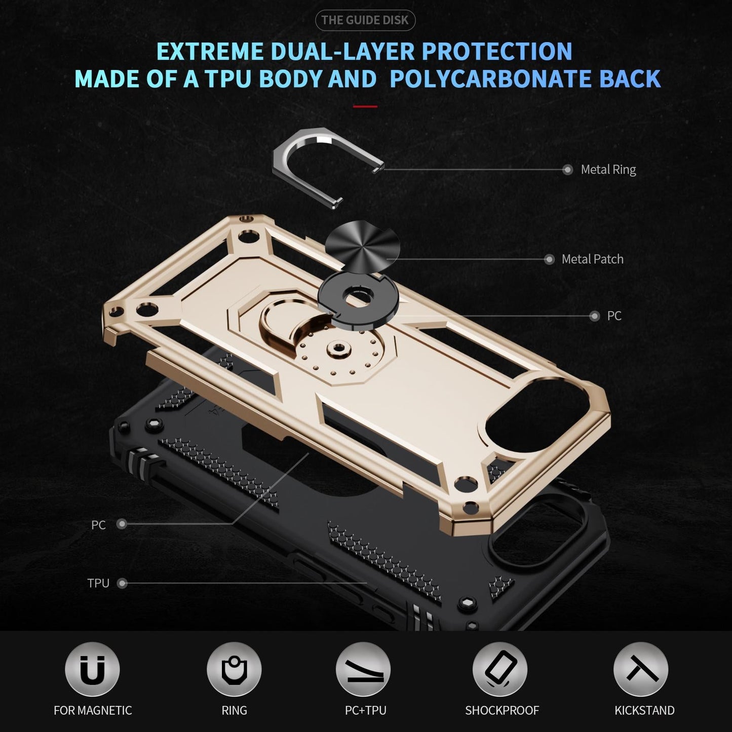 For iPhone 16e Shockproof TPU Hybrid PC Phone Case with Holder(Gold)