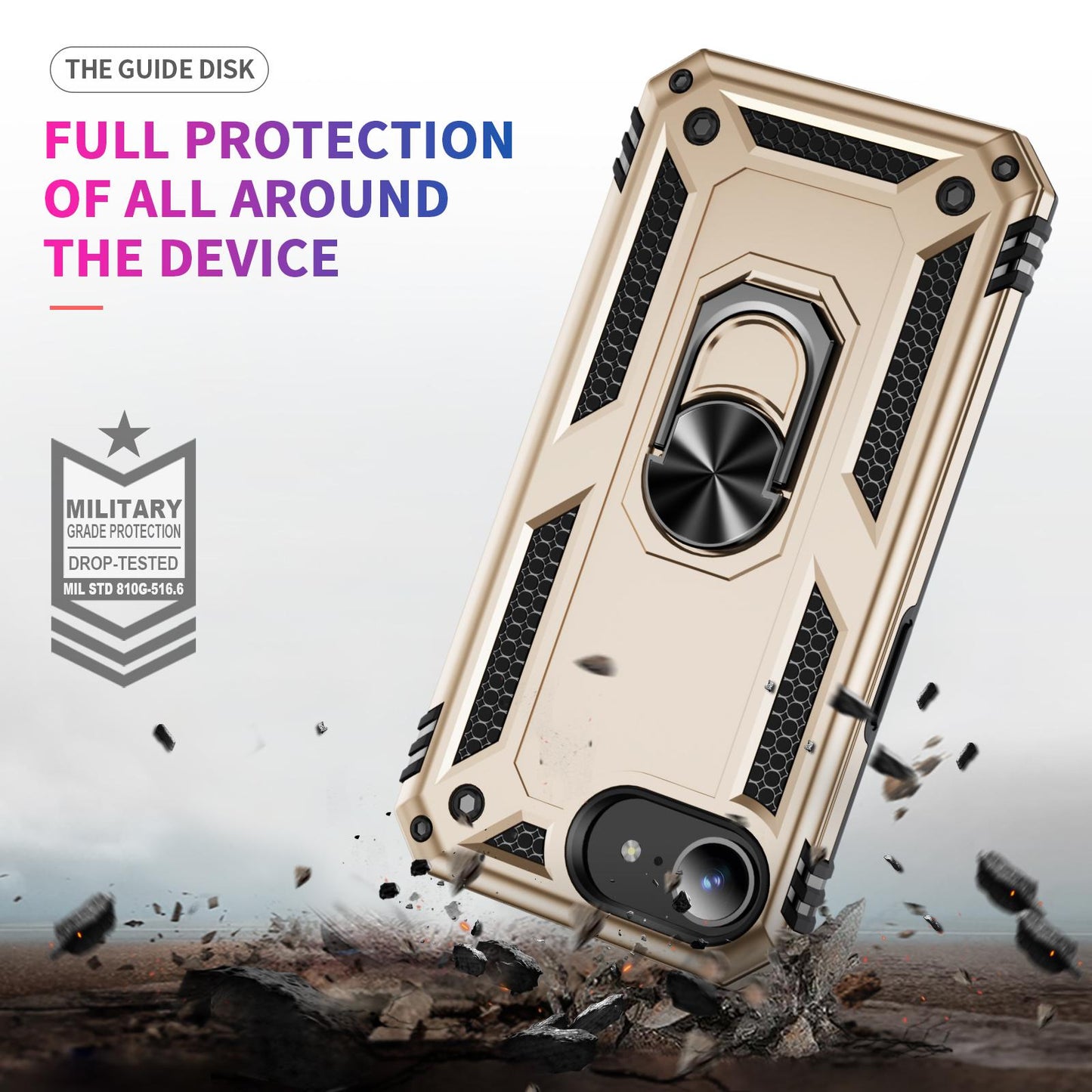 For iPhone 16e Shockproof TPU Hybrid PC Phone Case with Holder(Gold)