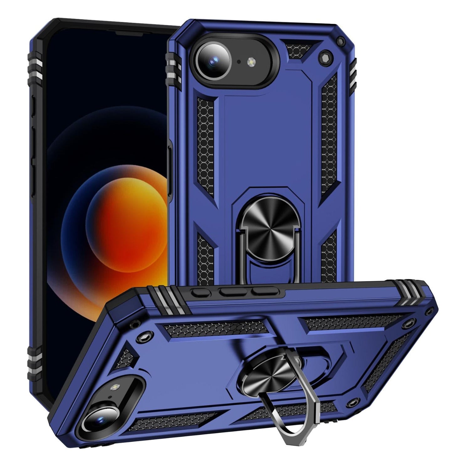 For iPhone 16e Shockproof TPU Hybrid PC Phone Case with Holder(Blue)