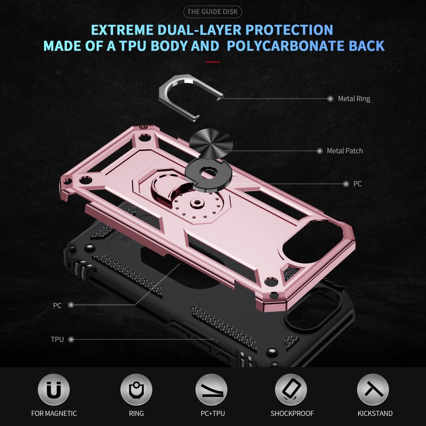 For iPhone 16e Shockproof TPU Hybrid PC Phone Case with Holder(Rose Gold)