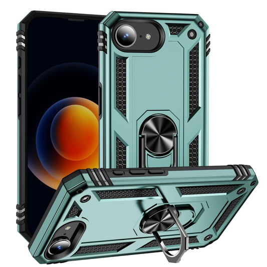 For iPhone 16e Shockproof TPU Hybrid PC Phone Case with Holder(Dark Green)