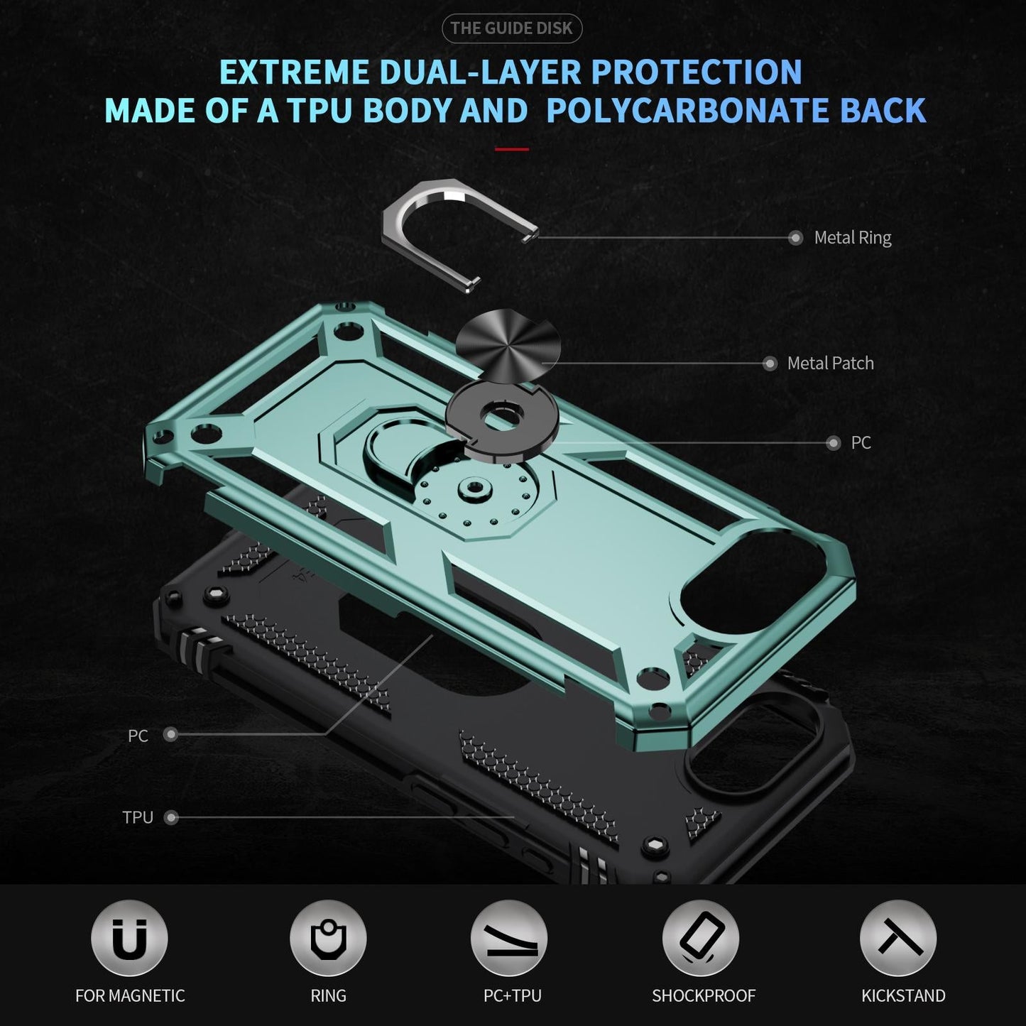 For iPhone 16e Shockproof TPU Hybrid PC Phone Case with Holder(Dark Green)
