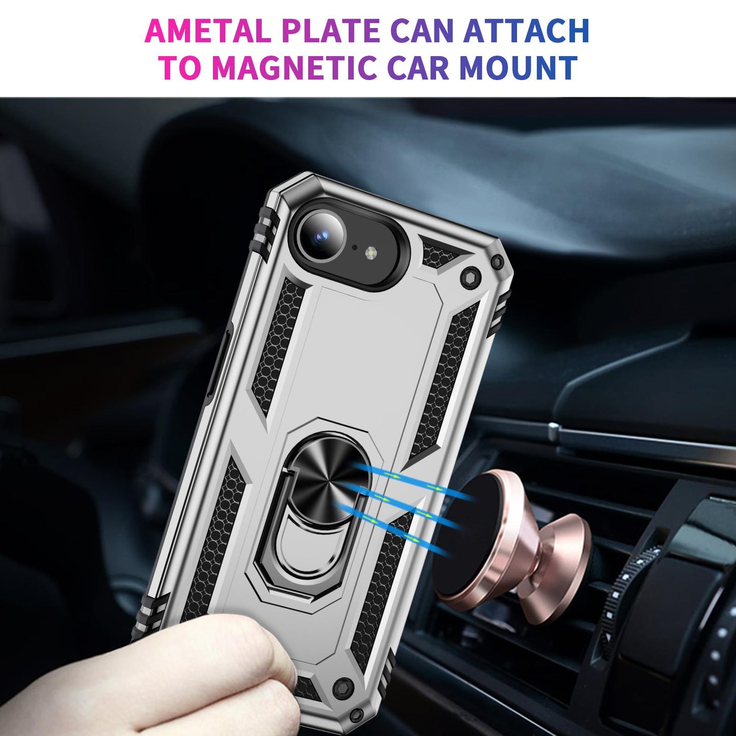 For iPhone 16e Shockproof TPU Hybrid PC Phone Case with Holder(Silver)