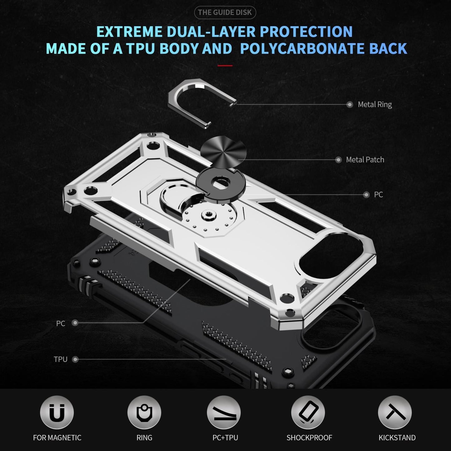 For iPhone 16e Shockproof TPU Hybrid PC Phone Case with Holder(Silver)
