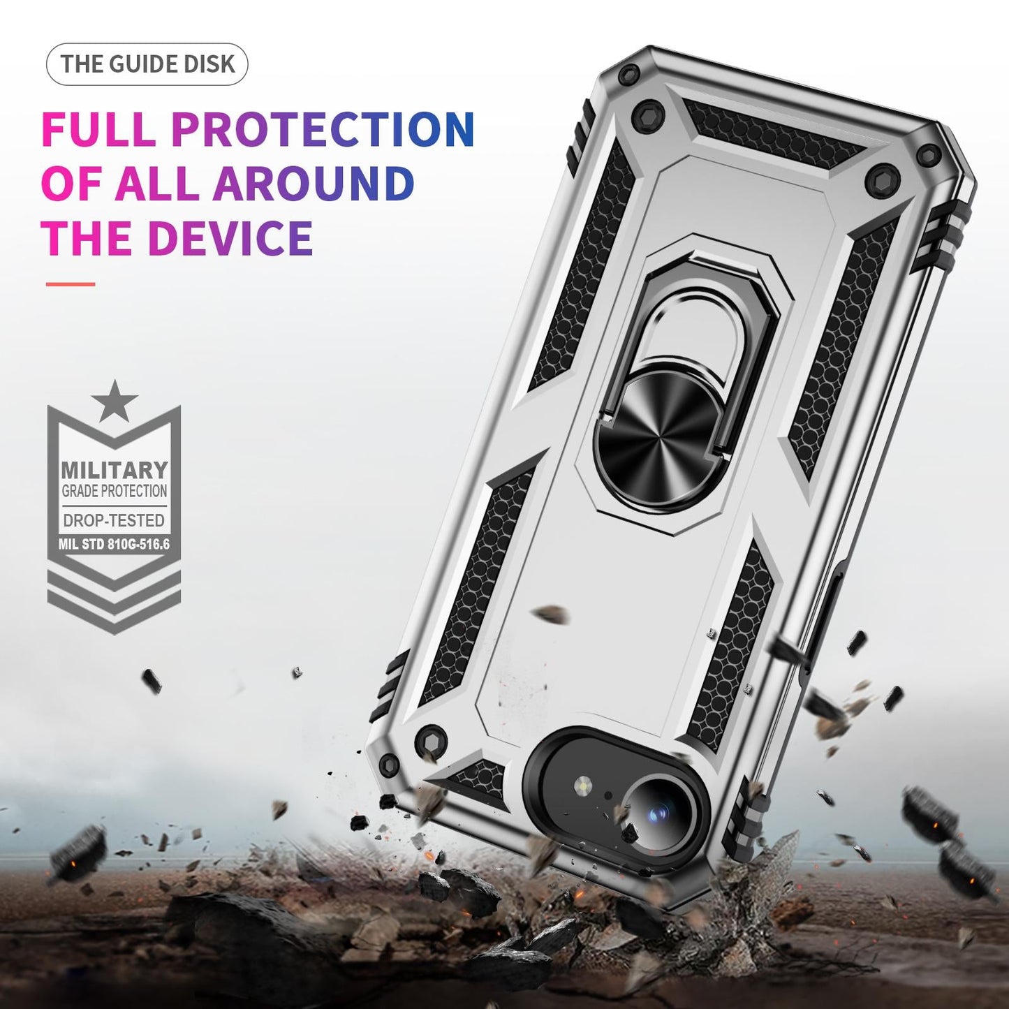 For iPhone 16e Shockproof TPU Hybrid PC Phone Case with Holder(Silver)