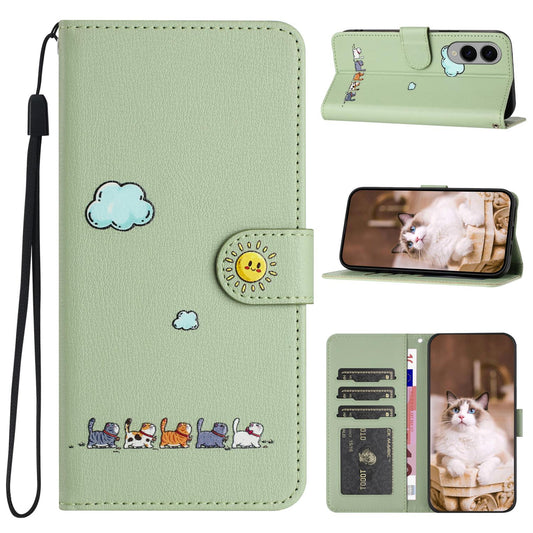 For Samsung Galaxy S25 Edge 5G Cartoon Cats Leather Phone Case(Green)
