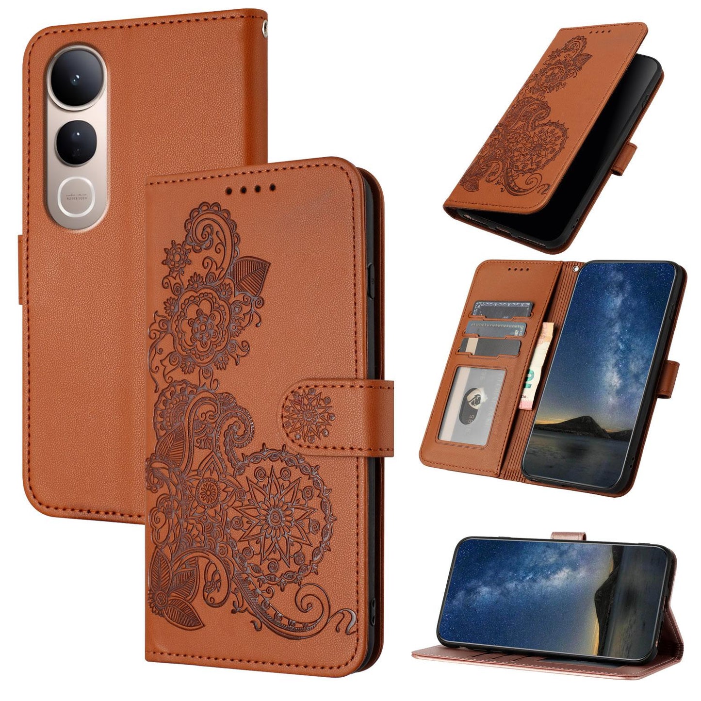 For vivo V50 Lite 4G / 5G Datura Flower Embossed Flip Leather Phone Case(Brown)
