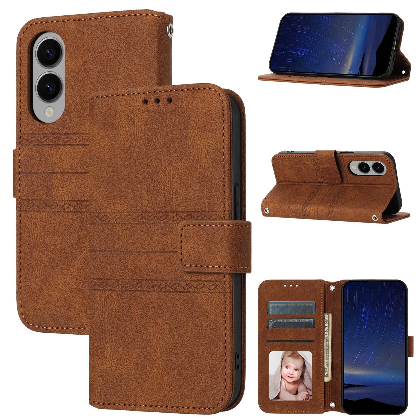 For Samsung Galaxy S25 Edge 5G Embossed Stripes Skin Feel Leather Phone Case(Brown)