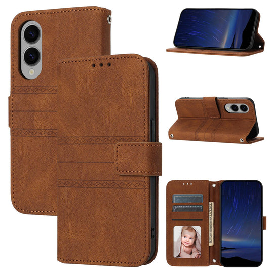 For Samsung Galaxy S25 Edge 5G Embossed Stripes Skin Feel Leather Phone Case(Brown)
