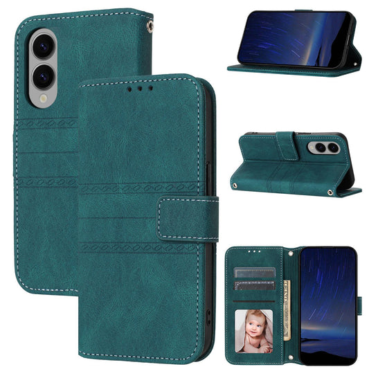For Samsung Galaxy S25 Edge 5G Embossed Stripes Skin Feel Leather Phone Case(Dark Green)
