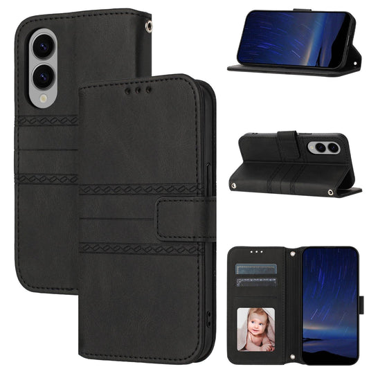 For Samsung Galaxy S25 Edge 5G Embossed Stripes Skin Feel Leather Phone Case(Black)