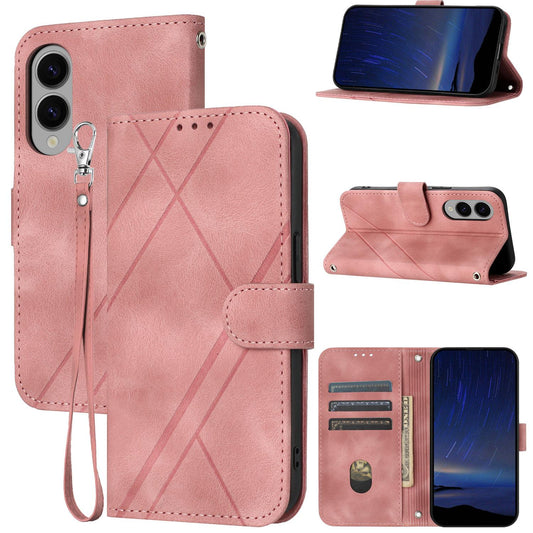 For Samsung Galaxy S25 Edge 5G Embossed Line Leather Phone Case with Lanyard(Pink)