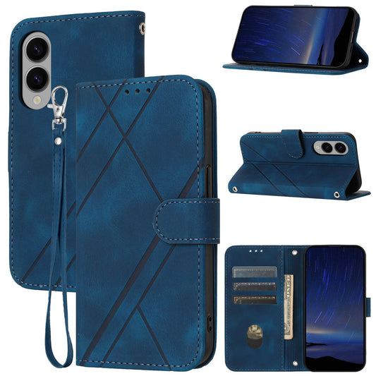 For Samsung Galaxy S25 Edge 5G Embossed Line Leather Phone Case with Lanyard(Blue)