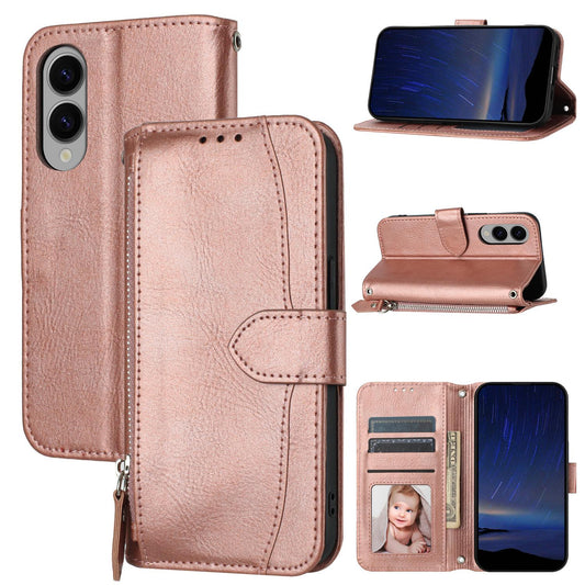 For Samsung Galaxy S25 Edge 5G Oil Skin Zipper Wallet Leather Phone Case(Rose Gold)