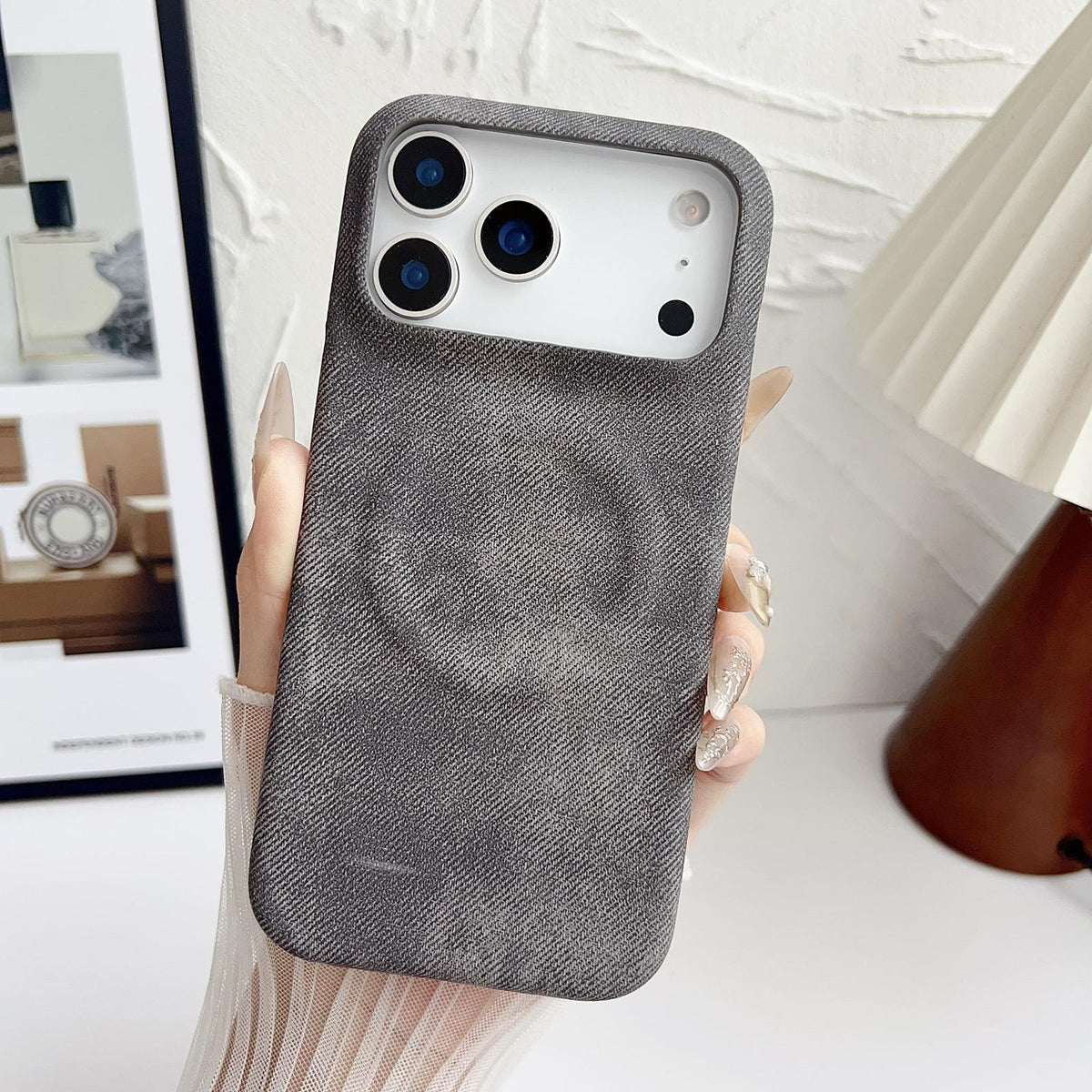Compatible with iPhone 18 Pro Max Denim MagSafe Magnetic PC + PU Phone Case - Dark Grey