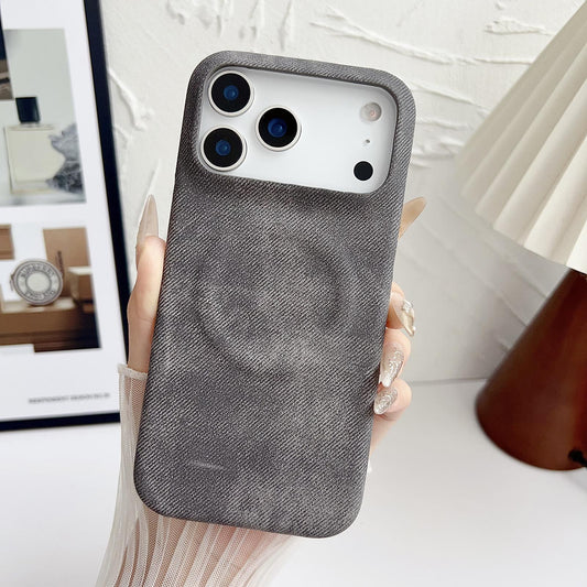 Compatible with iPhone 18 Pro Max Denim MagSafe Magnetic PC + PU Phone Case - Dark Grey