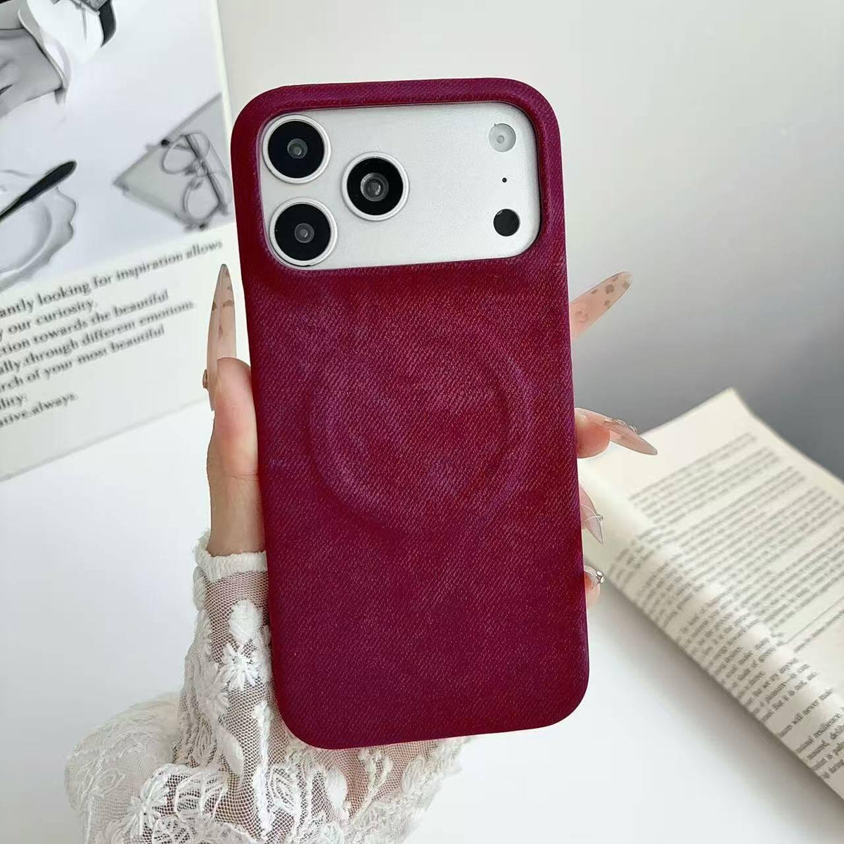 Compatible with iPhone 18 Pro Max Denim MagSafe Magnetic PC + PU Phone Case - Cherry Red