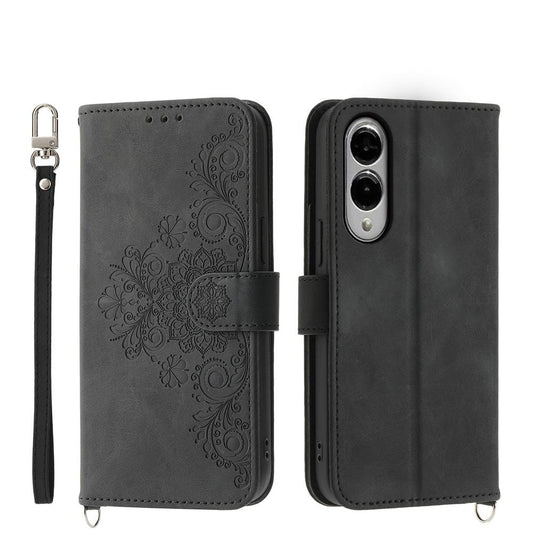 For Samsung Galaxy S25 Edge 5G Skin Feel Flowers Embossed Wallet Leather Phone Case(Black)