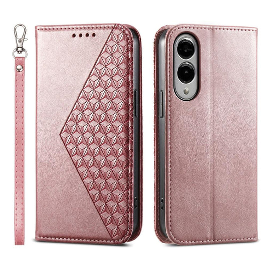 For Samsung Galaxy S25 Edge 5G Cubic Grid Calf Texture Magnetic Leather Phone Case(Rose Gold)