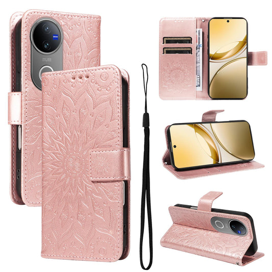 For vivo V50 5G Global Embossed Sunflower Pattern Flip Leather Phone Case(Rose Gold)